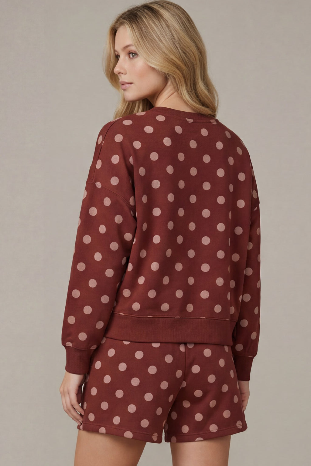 Long Sleeve Top and Shorts Polkadot Knit Set - Wine