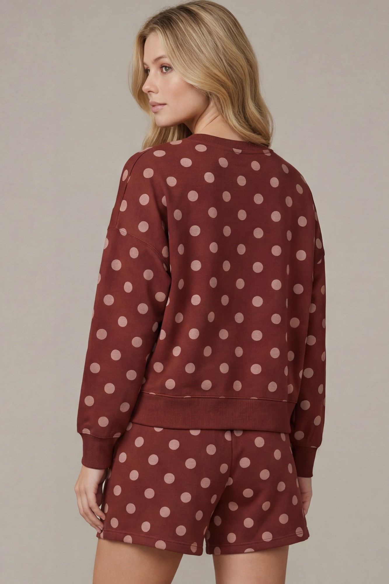 Long Sleeve Top and Shorts Polkadot Knit Set - Wine