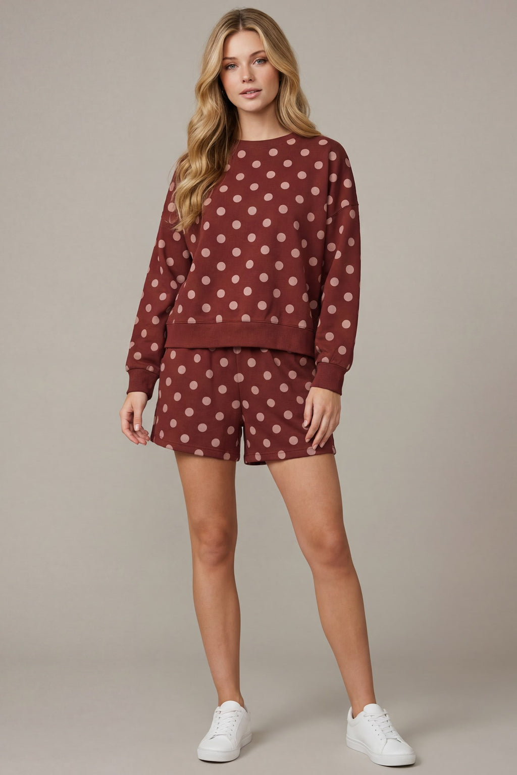 Long Sleeve Top and Shorts Polkadot Knit Set - Wine