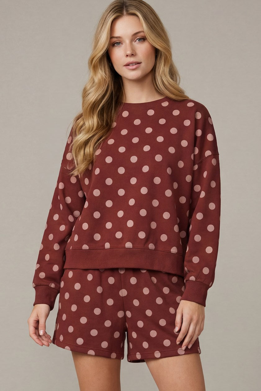 Long Sleeve Top and Shorts Polkadot Knit Set - Wine