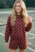 Long Sleeve Top and Shorts Polkadot Knit Set - Wine