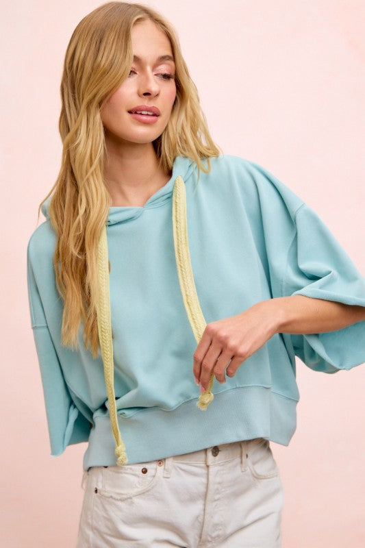 Washed Terry Short Sleeve Drawstring Hoodie Top