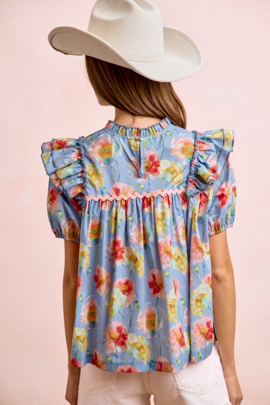 Flower Print Woven Ruffled Detail Puff Sleeves Top