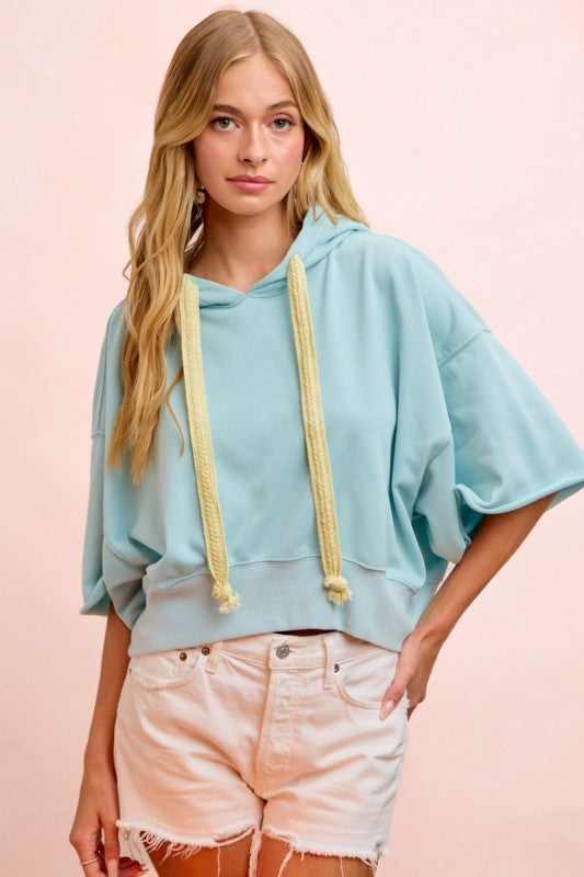 Washed Terry Short Sleeve Drawstring Hoodie Top
