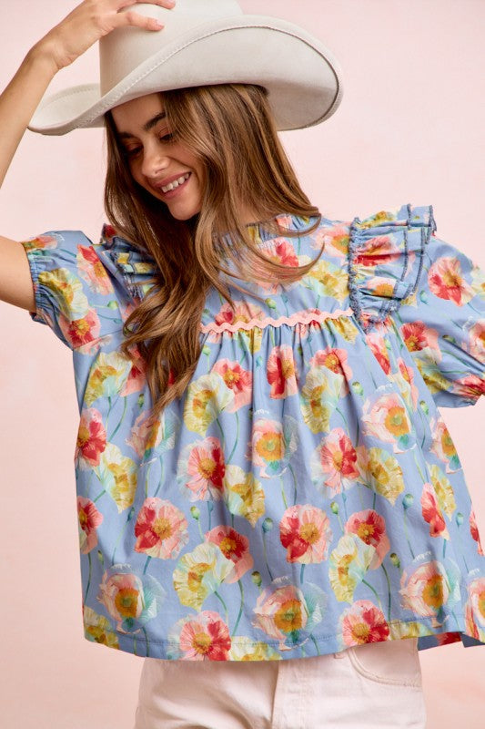 Flower Print Woven Ruffled Detail Puff Sleeves Top
