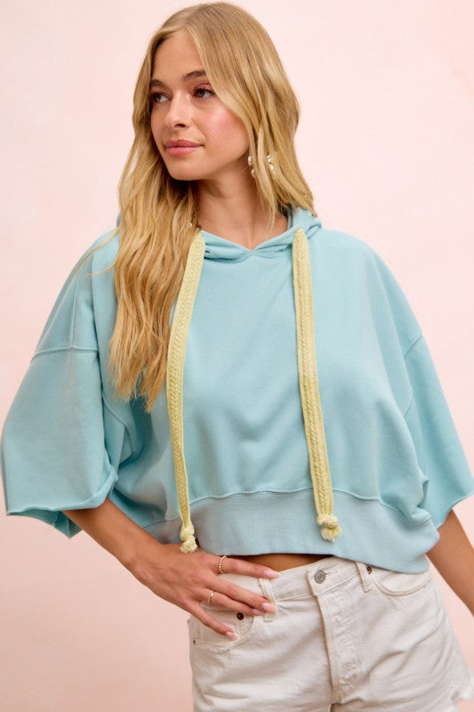 Washed Terry Short Sleeve Drawstring Hoodie Top