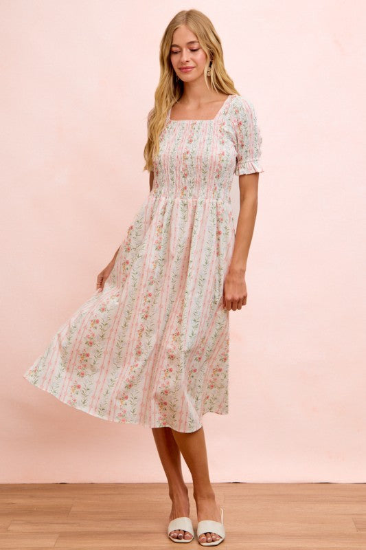 Floral Print Smocked Short Sleeves Midi Dress
