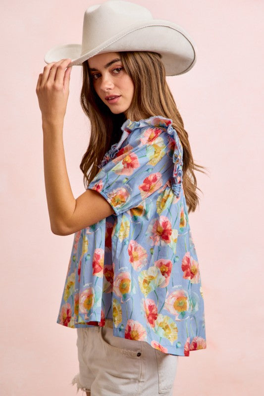 Flower Print Woven Ruffled Detail Puff Sleeves Top