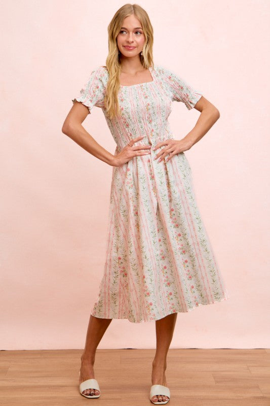 Floral Print Smocked Short Sleeves Midi Dress