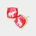 Elephant Printed Cushion Square Stud Earrings: Red