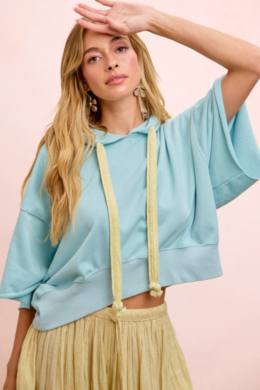 Washed Terry Short Sleeve Drawstring Hoodie Top