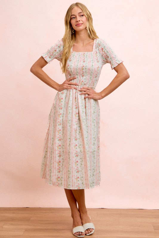 Floral Print Smocked Short Sleeves Midi Dress