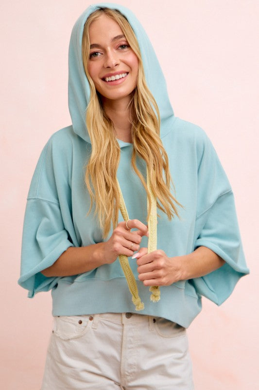 Washed Terry Short Sleeve Drawstring Hoodie Top