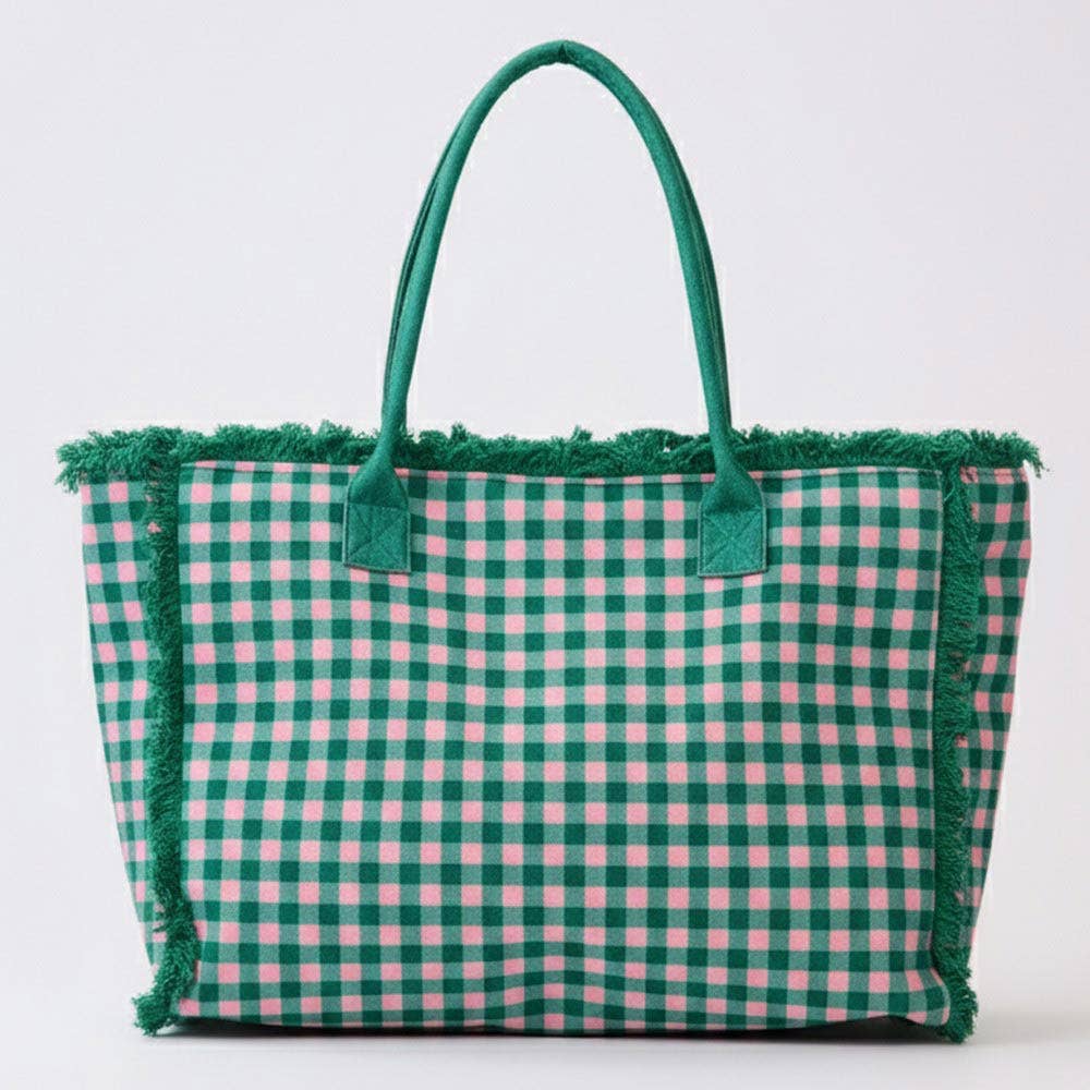 Gingham Check Terry Cloth Frayed Shoulder Tote Bag: Pink&Green