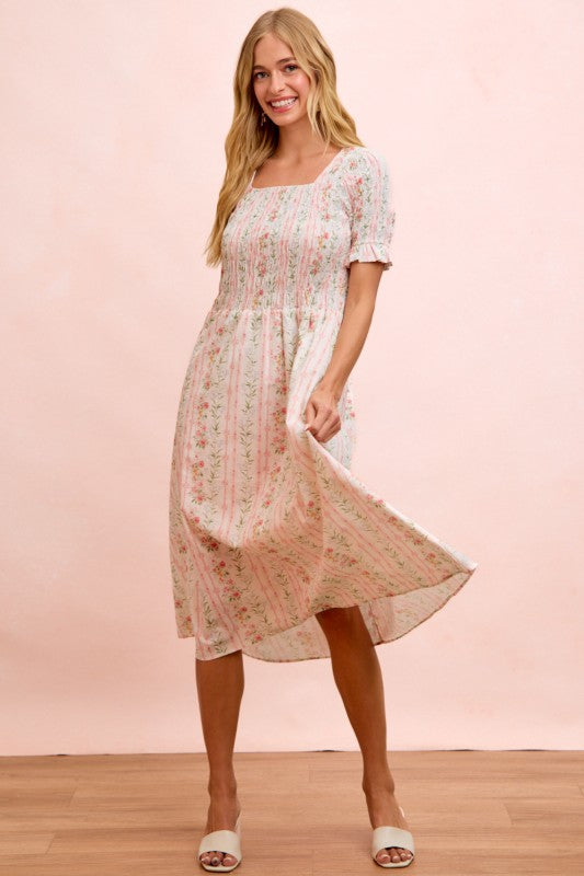 Floral Print Smocked Short Sleeves Midi Dress