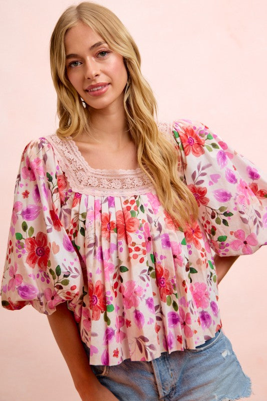 Flower Printed Lace Trim Neckline Blouse Top