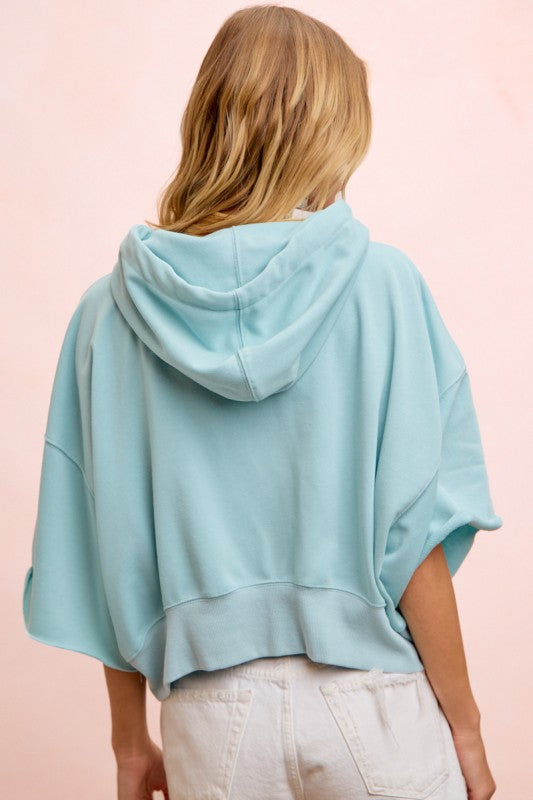 Washed Terry Short Sleeve Drawstring Hoodie Top