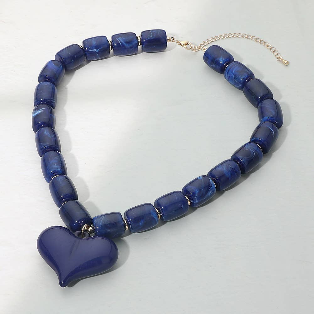 Chunky Resin Heart Pendant Beaded Statement Necklace: Gold,Navy