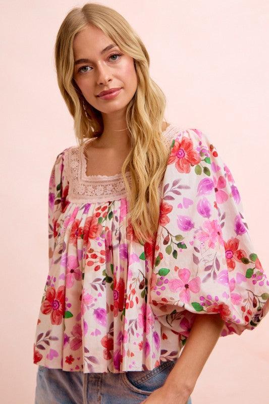 Flower Printed Lace Trim Neckline Blouse Top
