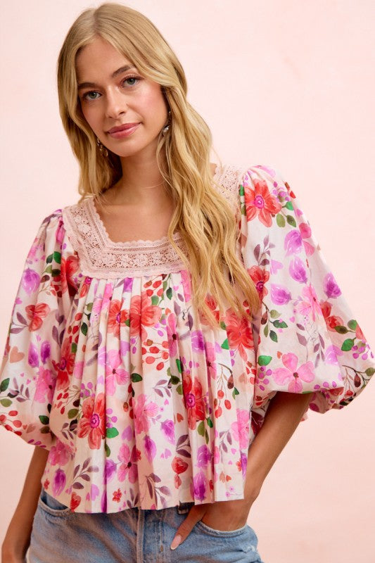 Flower Printed Lace Trim Neckline Blouse Top