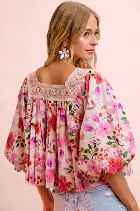 Flower Printed Lace Trim Neckline Blouse Top