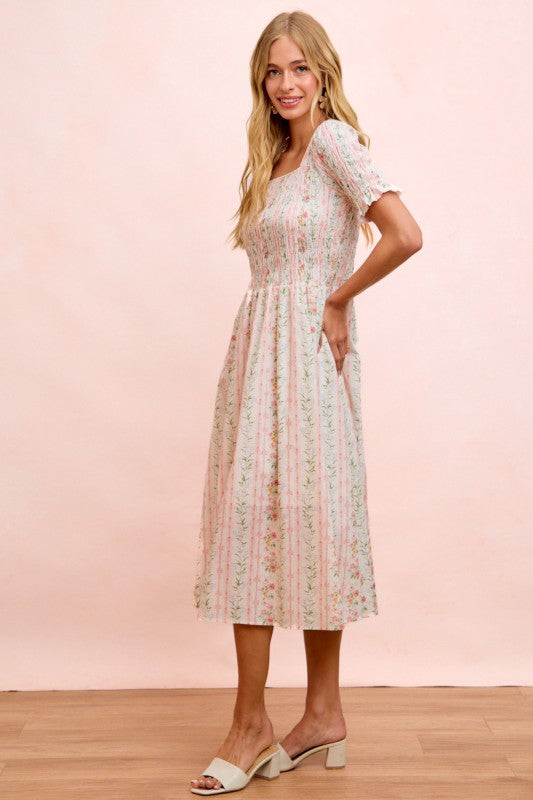 Floral Print Smocked Short Sleeves Midi Dress