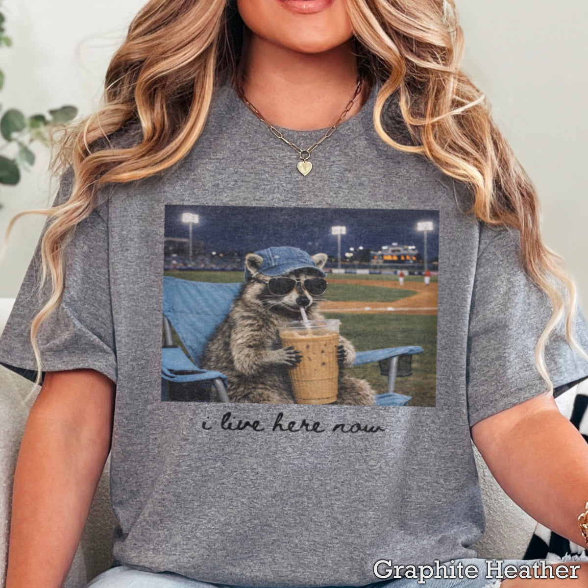 I Live Here Now Raccoon Baseball Graphic T-Shirt