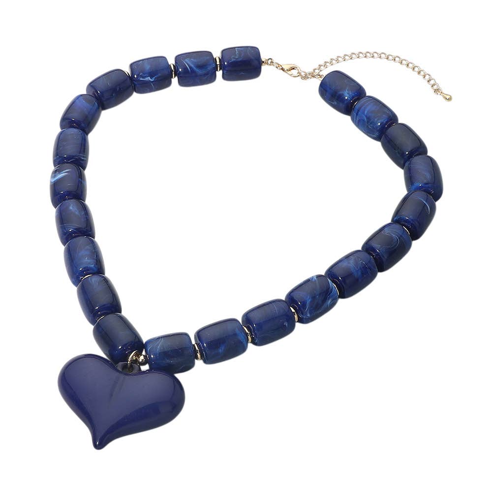 Chunky Resin Heart Pendant Beaded Statement Necklace: Gold,Navy